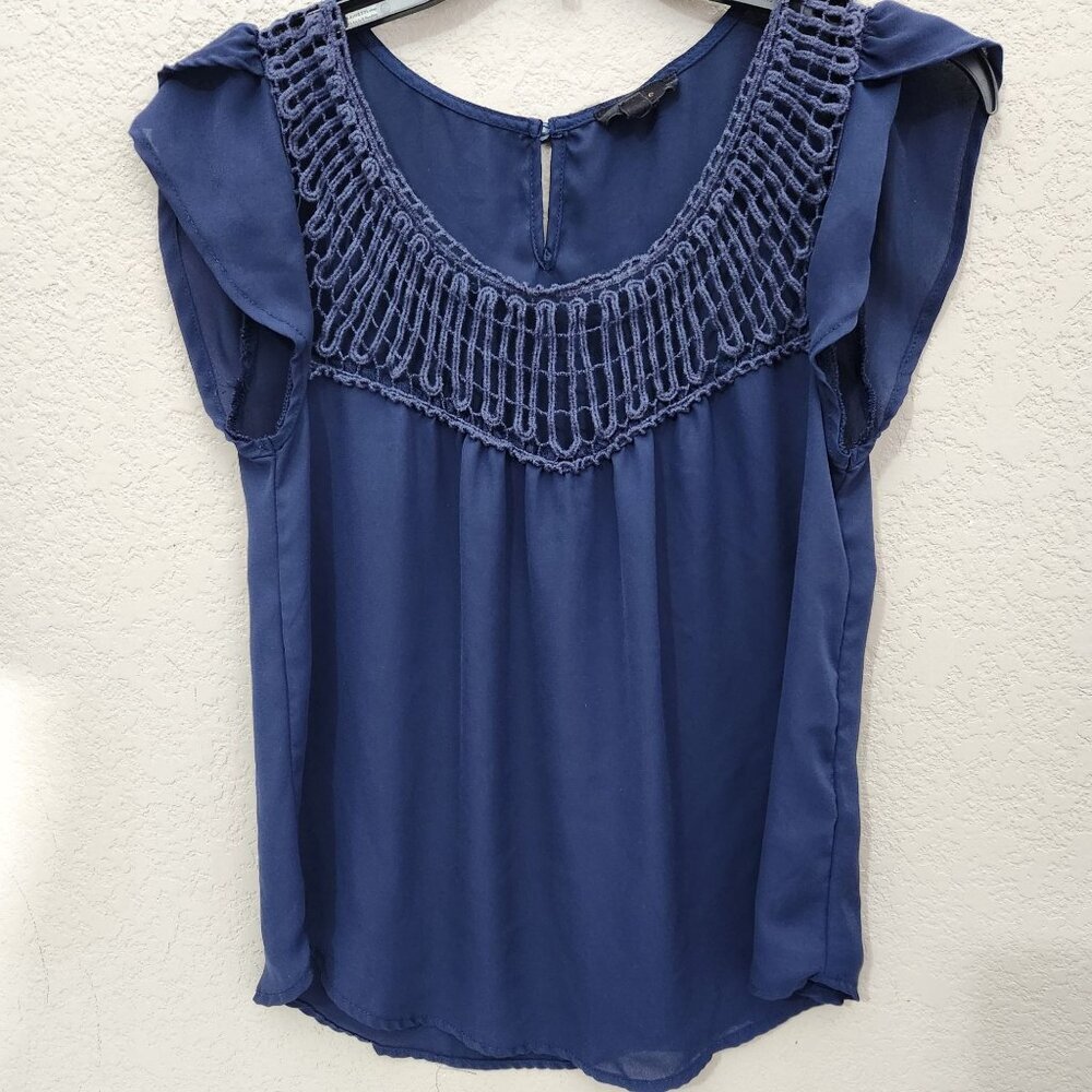 Mine Blouse Womens Small Blue Sheer Crochet Yoke Cottagecore Fairy